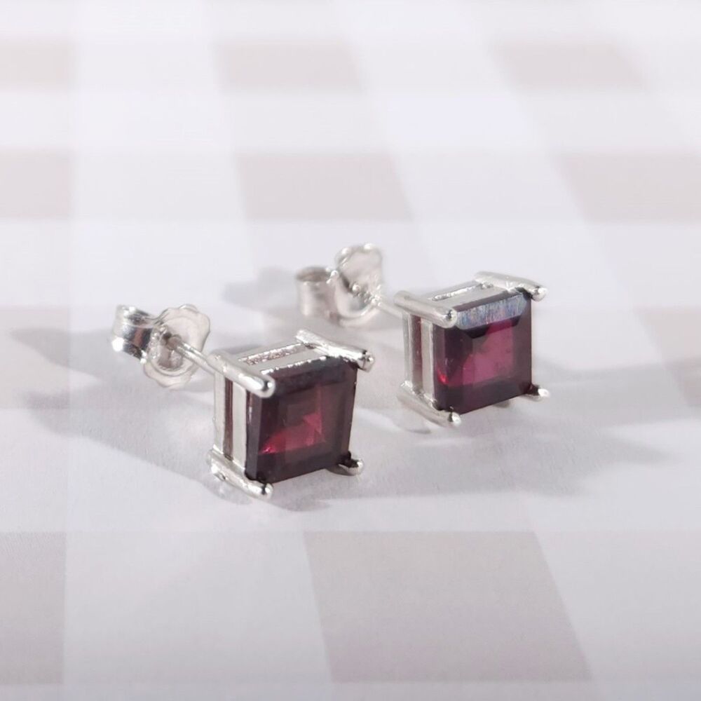 Garnet 6mm Square Post Earrings Sterling Silver